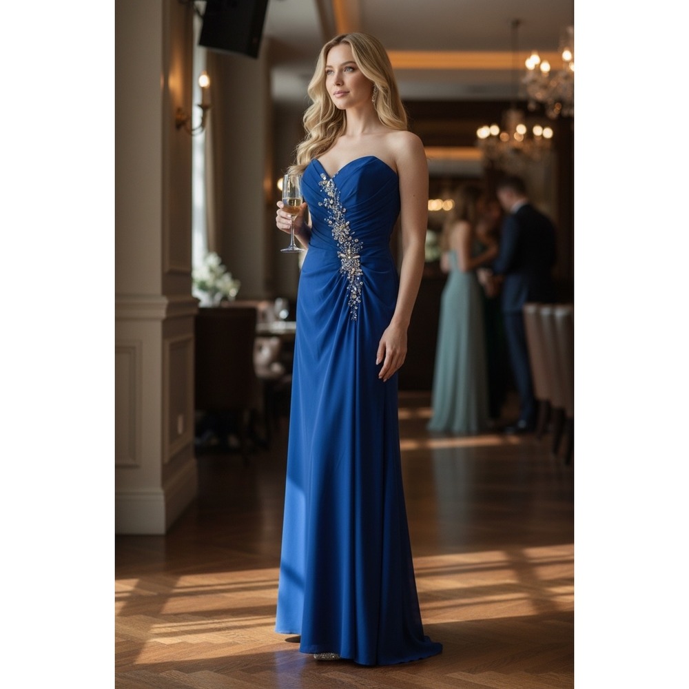 Morrell Maxie Royal Blue Strapless Beaded Ruched Evening Gown‎ Dress 2